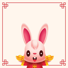 2023 chinese new year. Cute rabbit holding gold ingots on empty space signboard with vintage chinese frame pattern