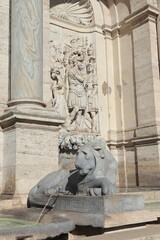 Fontana dell'Acqua Felice Fountain Detail with Lion Statue and High Relief in Rome, Italy