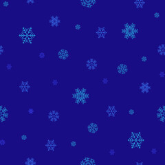 Seamless abstract pattern of Christmas snowflakes on a blue background. New Year seamless snowflake background on blue