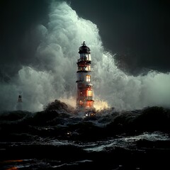 A lighthouse, surrounded by the stormy sea. Fantastic 3D rendered digital illustration. Fantasy.