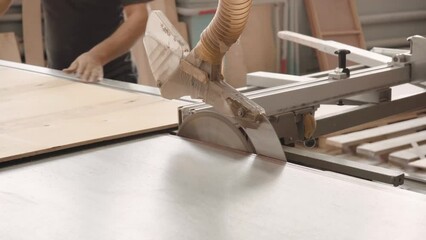 A factory worker cuts a tree with a circular saw. Sawdust of plywood is flying