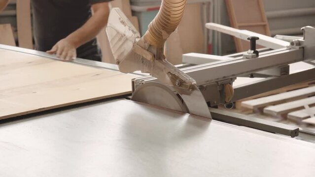 A factory worker cuts a tree with a circular saw. Sawdust of plywood is flying