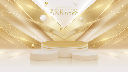 Product display podium with golden curve line element and ball decoration and glitter light effect. Vector illustration.