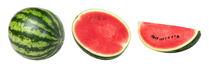 watermelon, half and sliced isolated on white background, Watermelon macro studio photo, set