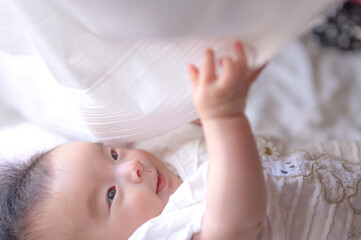 Fototapeta na wymiar カーテンで遊ぶ赤ちゃん