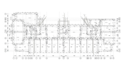 Multistory building detailed architectural technical drawing, vector blueprint ground floor plan