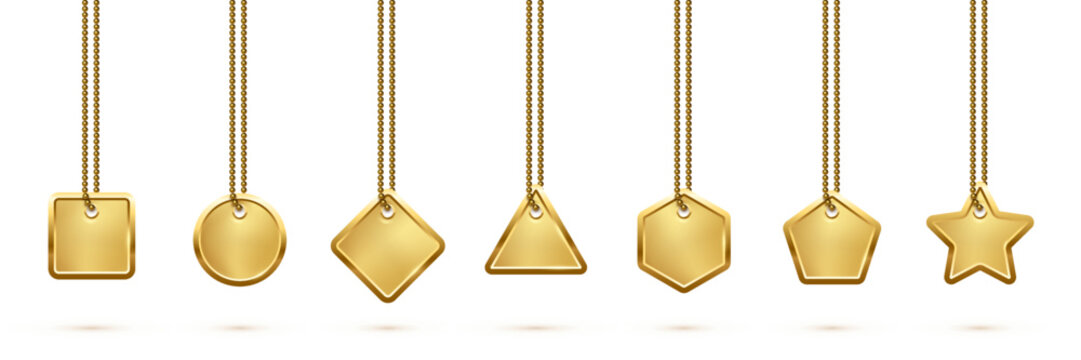Gold medal set, 3d golden necklaces with badges of square circle rectangle star shape