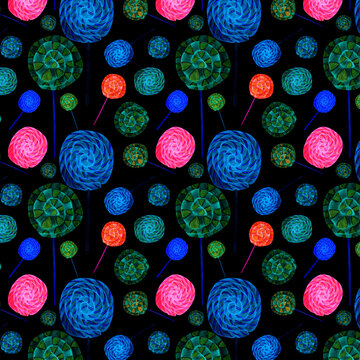 Watercolor pattern neon sweet lollipop for children, on a dark background for your seamless design