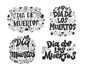 Day of the dead vector illustration set. Hand sketched lettering 'Dia de los Muertos' for postcard or celebration design. Flowers and herbs with hand drawn typography poster.