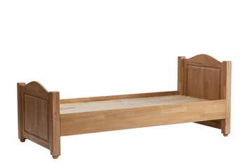 Wooden sleeping bed. New wooden bed frame on white background view sideways.