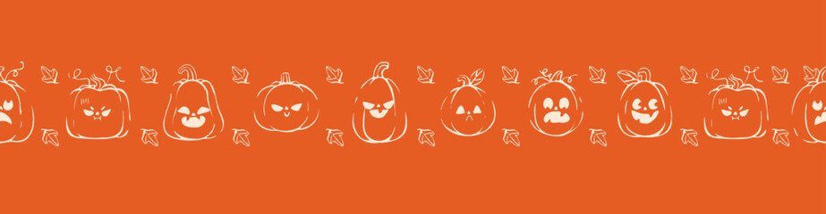 Cute scary seamless pattern with white pumpkins on orange background, Pumpkin patch background foe web banners, background. Vector illustration