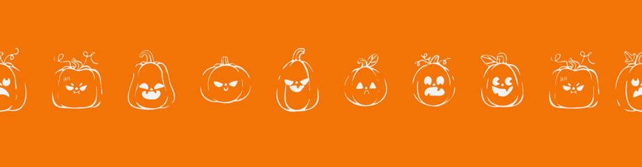 Cute scary seamless pattern with white pumpkins on orange background, Pumpkin patch background foe web banners, background. Vector illustration