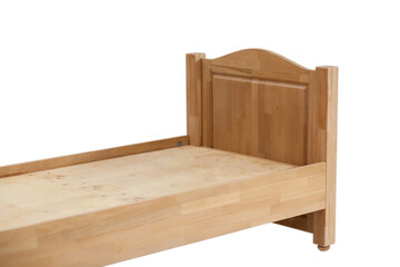 Wooden sleeping bed. New wooden bed frame on white background view sideways.