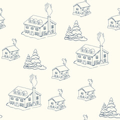 Christmas seamless pattern with drawing winter landscape, houses. Vector winter illustration in line style on ivory background.