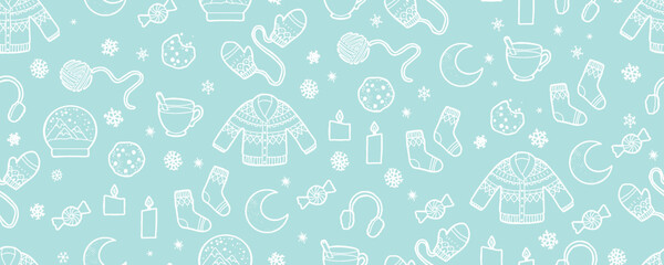 Merry Christmas, Happy New Year seamless pattern with tree, socks, sweater, pine cone and snowflakes for greeting cards, wrapping papers. Seamless winter pattern. Vector illustration.