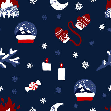 Merry Christmas, Happy New Year seamless pattern with tree, gloves, fire, candy and snowflakes for greeting cards, wrapping papers. Seamless winter pattern. Vector illustration.