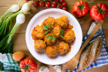 Meatballs with tomato sauce. Typical tapas from the north of Spain.