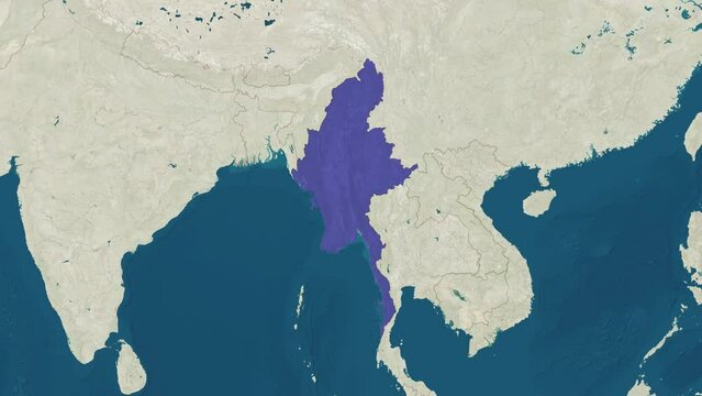 Zoom in to the map of Myanmar with text, textless, and with flag