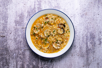 Rice soup with clams. Typical tapas recipe in a seaside town in Spain.