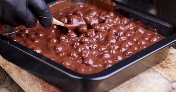 making chocolate from high-quality cocoa and cocoa butter with hazelnuts, adding roasted hazelnuts to melted liquid chocolate