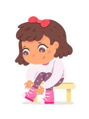 Girl tying shoelaces, cute independent crouched child learning to tie laces on sneakers - obrazy, fototapety, plakaty