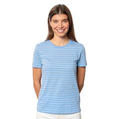 Fototapeta premium Young woman with brown hair standing against white wall smiling, hiding hands behind back
