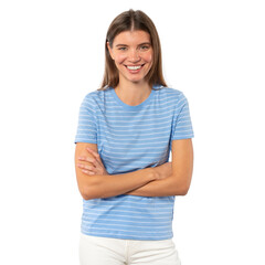 Fototapeta premium Cheerful female of 20s standing against white background with folded arms in striped clothes