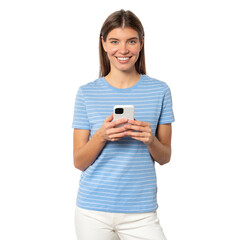 Young smiling woman holding smartphone, sending message to her friend