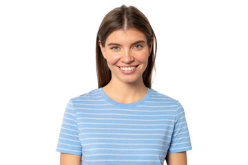 Pretty joyful woman in blue t-shirt isolated