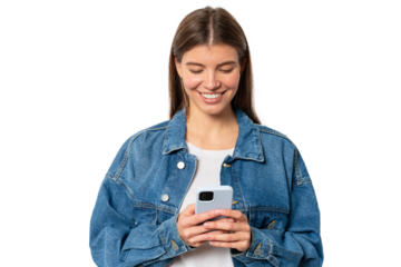 Half length portrait of positive hipster girl holding smartphone in hands in stylish denim jacket