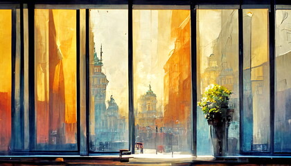 sunny day view from window frame on city street pedestrian silhouette and flowers with glass of orange on top art  modern blue orange yellow colors abstract illustration