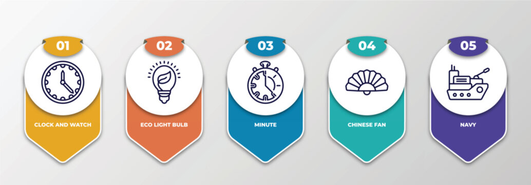 infographic template with thin line icons. infographic for tools and utensils concept. included clock and watch, eco light bulb, minute, chinese fan, navy editable vector.
