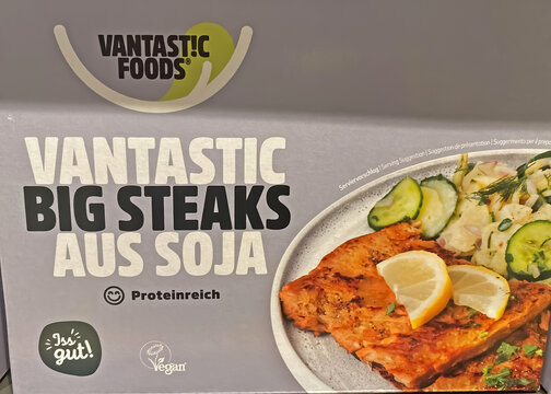 Viersen, Germany - June 9. 2022: Closeup of packet Vantastic foods meatless organic soja steaks in shelf of german supermarket
