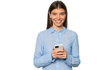 Confident smiling businesswoman with smartphone chatting with partners online
