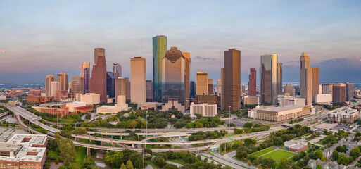 Houston, Texas. Sept. 12th, 2022 
Drone aerial of Houston Downtown Skyscrapers  at sunset. 