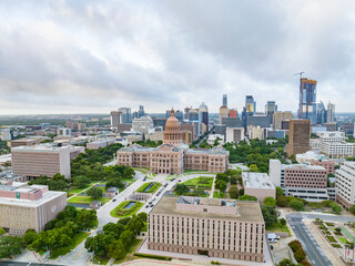 Austin, Texas, USA. July 8th 2022. Aerial shot of the Texas State Capital building sitting behind Austin downtown.