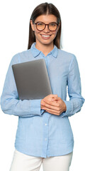 Cute career consultant standing with gray laptop in hands
