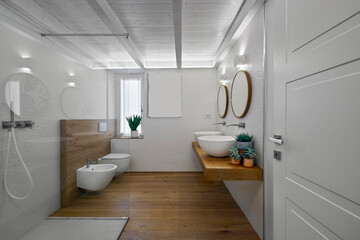 interior view of a modern bathroom with wooden ceiling and floor, on the right two countertop...