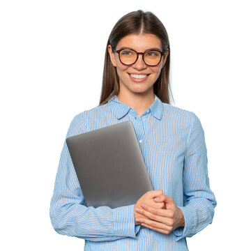 Smart Woman In Spectacles With Gray Laptop In Hands Standing