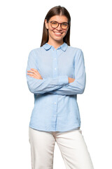 Bossy female project manager with crossed arms in glasses standing