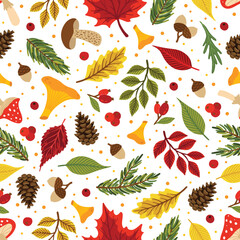 Obraz premium Vector colorful autumn seamless pattern with fall leaves, cone and mushrooms.