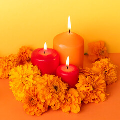 Marigold flowers and Candles.Flowers of cempasuchil, altar. Day of the dead concept dia de los muertos.copy space