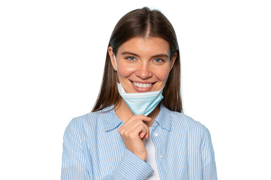 Happy Office Worker Taking Off Protective Medical Mask Isolated