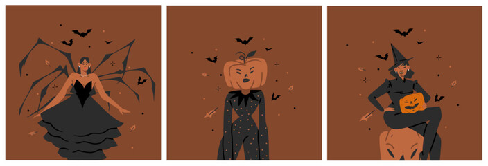 Hand drawn abstract vector graphic clipart illustrations,Halloween holiday costume party adult people characters collection set.Creepy Halloween design poster concept.Happy Halloween contemporary art.