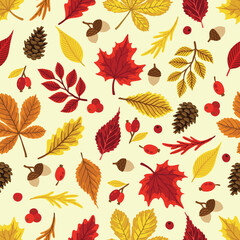 Fototapeta premium Autumn leaves pattern. Falling leaf seamless background with Oak, maple, chestnut, linden, aspen, walnut and rowan foliage.