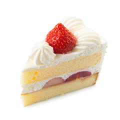 sweet white piece of cake with cream and strawberry for birthday isolated on white, Japanese style