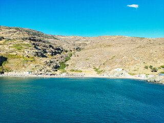 Aerial picture of Chalkiolimionas beach in Andros on a beautiful day, Cyclades, Greece