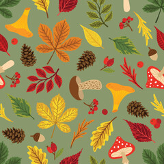 Seamless pattern with acorns, autumn leaves, mushrooms. Perfect for wallpaper, gift paper, pattern fill, autumn greeting cards.