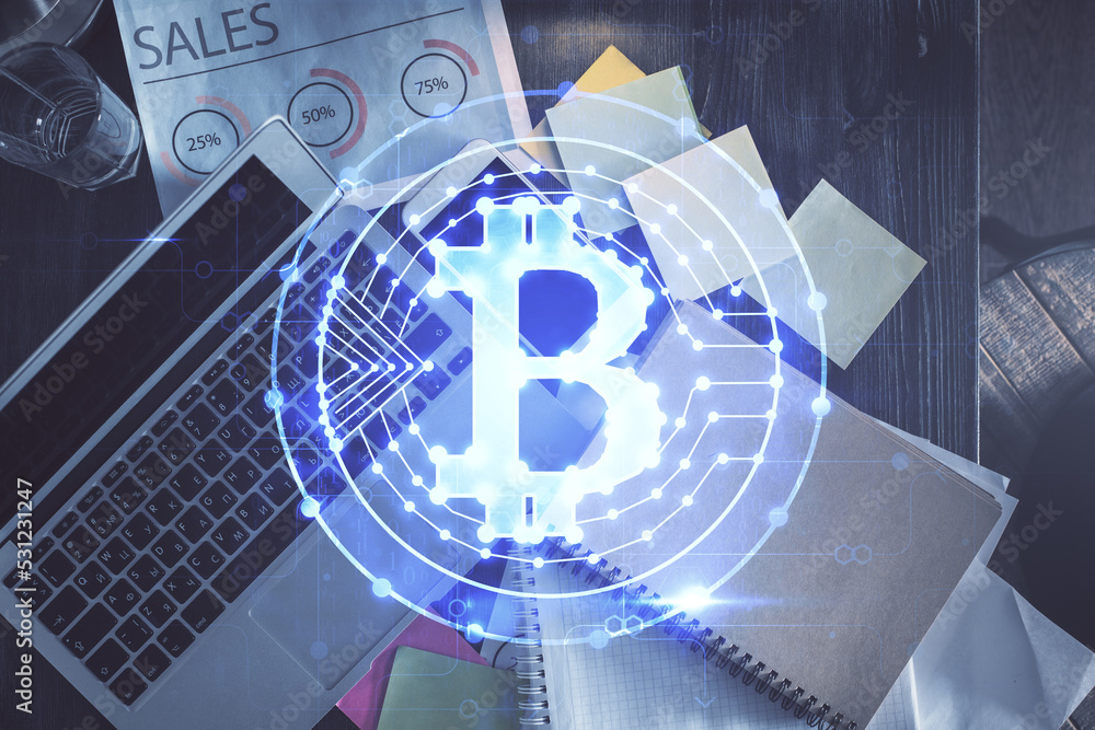 Poster blockchain theme hologram drawings over computer on the desktop background. top view. double exposur