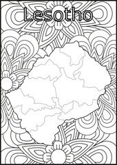 Schwarze und weiße Blume mit der Landkarte Lesotho in der Mitte Muster für Erwachsene Färbung Buch. Doodle floral Zeichnung. Kunsttherapie Färbung Seite.
